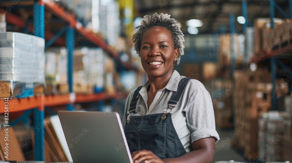 A smiling woman in a warehouse setting wearing a grey shirt and blue overalls using a laptop computer. A smiling woman in a warehouse setting wearing a grey shirt and blue overalls using a laptop computer.