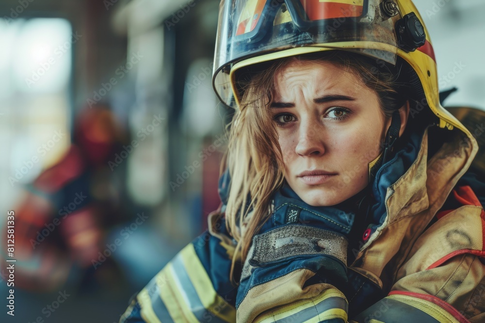 An evocative shot of a young female firefighter with a solemn expression, helmet and protective fire gear, looking pensive An evocative shot of a young female firefighter with a solemn expression, helmet and protective fire gear, looking pensive