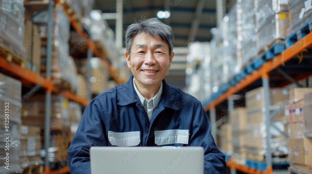 Asian man in warehouse smiling wearing blue jacket sitting in front of laptop surrounded by shelves of boxes. Asian man in warehouse smiling wearing blue jacket sitting in front of laptop surrounded by shelves of boxes.