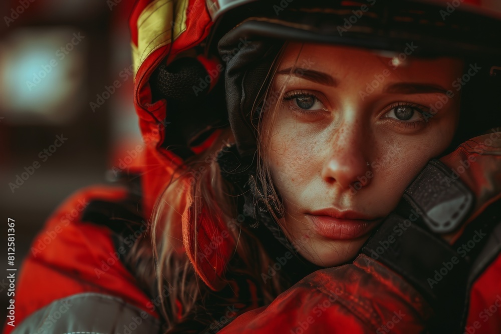 A female firefighter looking pensive while resting her face on her gloved hand, surrounded by emergency gear A female firefighter looking pensive while resting her face on her gloved hand, surrounded by emergency gear
