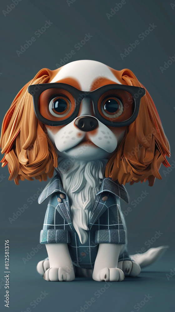 3D rendering of a cute Cavalier King Charles Spaniel puppy wearing horn-rimmed glasses and a plaid shirt, looking up with big, round, and curious eyes. 3D rendering of a cute Cavalier King Charles Spaniel puppy wearing horn-rimmed glasses and a plaid shirt, looking up with big, round, and curious eyes.