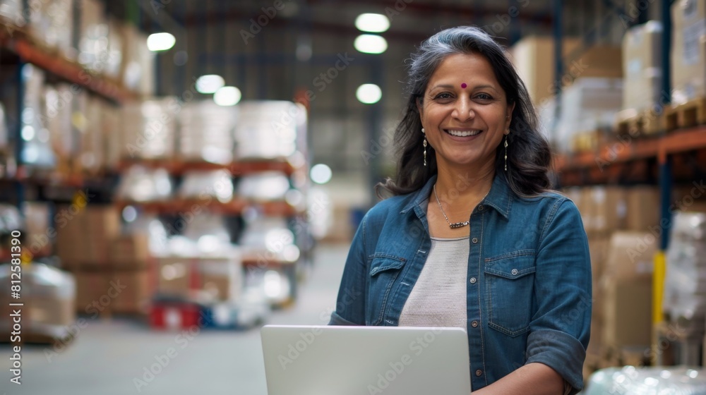 A woman in a blue denim jacket smiling at the camera while sitting in front of a laptop in a warehouse setting. A woman in a blue denim jacket smiling at the camera while sitting in front of a laptop in a warehouse setting.