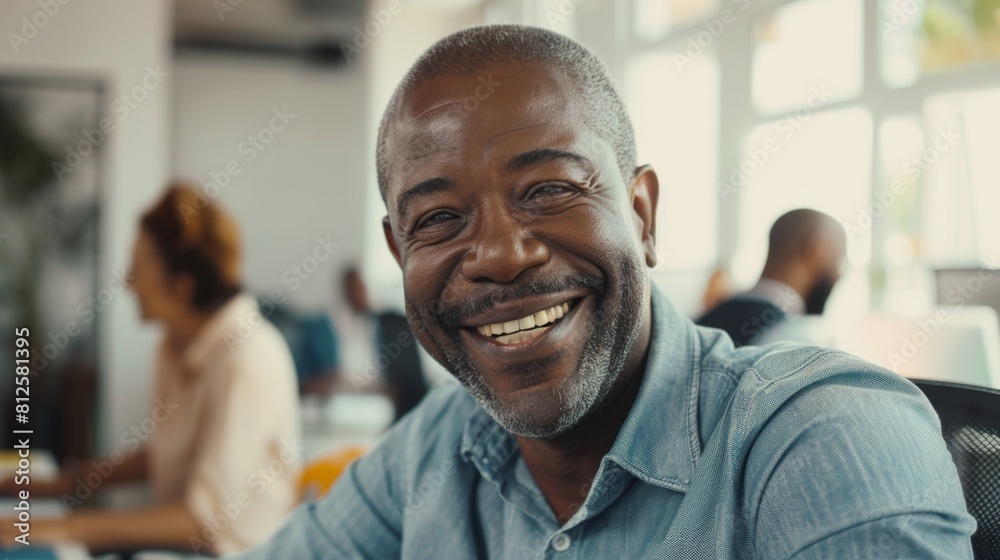 Smiling man in office looking at camera wearing blue shirt surrounded by colleagues in brightly lit room with large windows. Smiling man in office looking at camera wearing blue shirt surrounded by colleagues in brightly lit room with large windows.