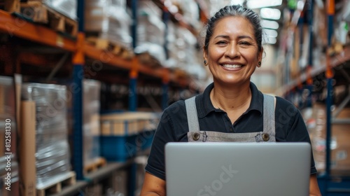 Woman in warehouse smiling wearing overalls using laptop.