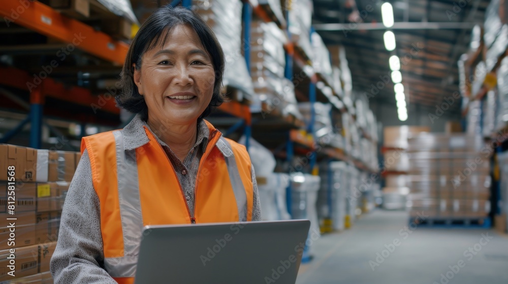 Asian woman wearing an orange vest smiling standing in a warehouse with shelves of boxes in the background. Asian woman wearing an orange vest smiling standing in a warehouse with shelves of boxes in the background.