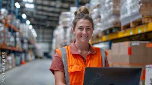 Smiling woman in orange safety vest and pink shirt sitting at a laptop in a warehouse with high shelving and boxes in the background.