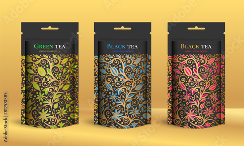 Tea packaging design with zip pouch bag mockup. Vector ornament template. Elegant, classic elements. Great for food, drink and other package types. Can be used for background and wallpaper.
