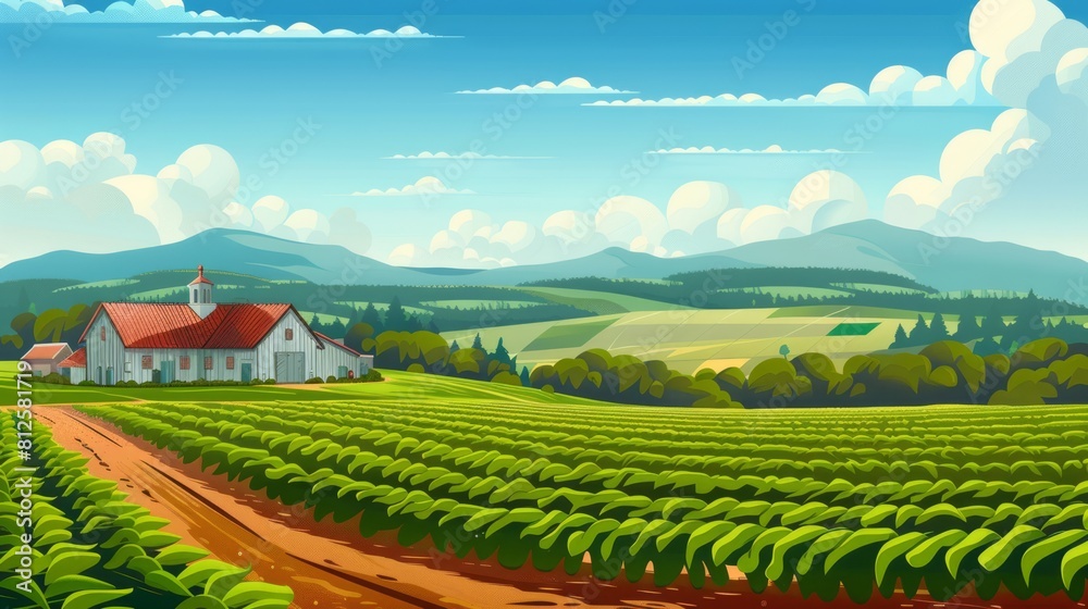 Fototapeta premium Agricultural landscape with green fields of crops and farmhouse