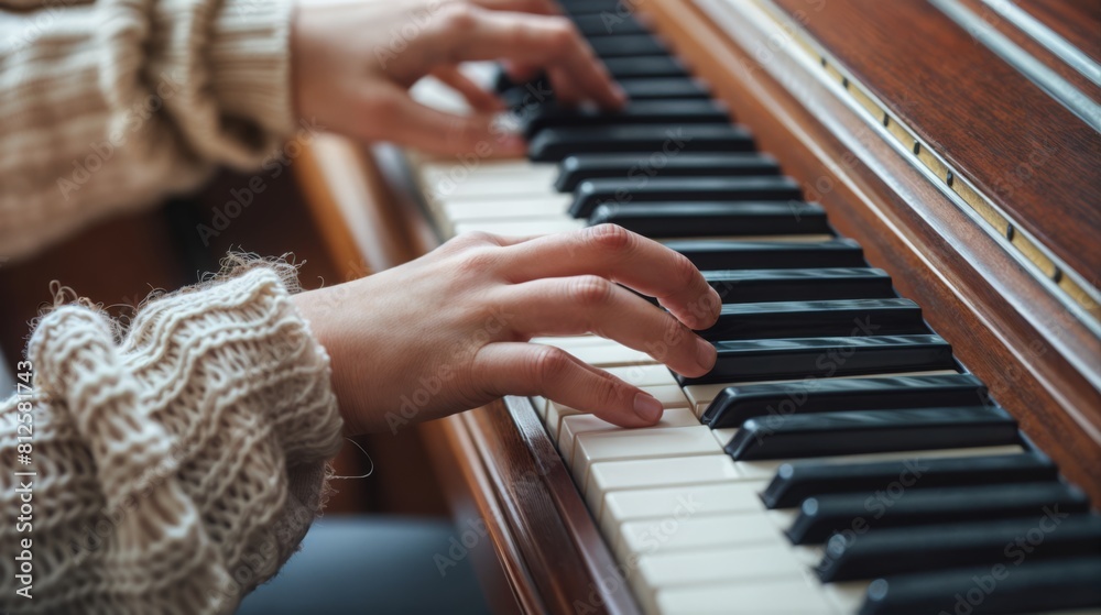 Fototapeta premium A person wearing a sweater is playing a piano.