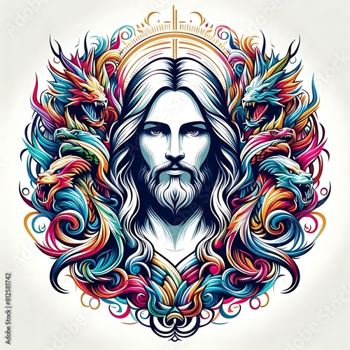A colorful artwork of a jesus christ with long hair and dragons around it image art attractive card design illustrator.