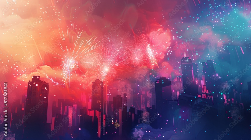 An abstract background with fireworks bursting over a city skyline, creating a stunning and vibrant display of light and color that captures the essence of the holiday