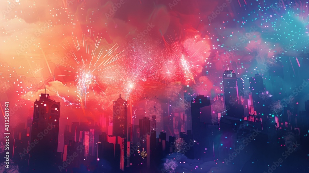 Obraz premium An abstract background with fireworks bursting over a city skyline, creating a stunning and vibrant display of light and color that captures the essence of the holiday