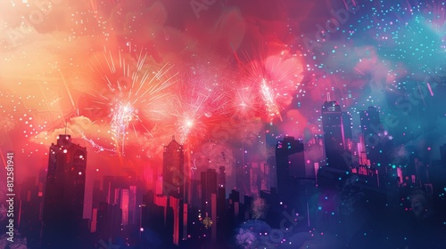 An abstract background with fireworks bursting over a city skyline  creating a stunning and vibrant display of light and color that captures the essence of the holiday
