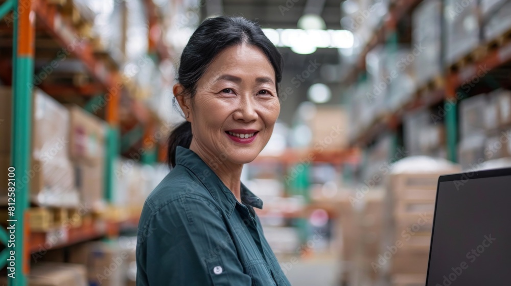 Smiling woman in warehouse standing in front of shelves filled with boxes and crates. Smiling woman in warehouse standing in front of shelves filled with boxes and crates.