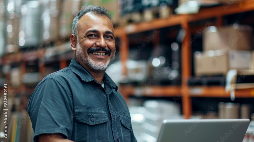 Man in warehouse smiling wearing blue shirt with laptop on table surrounded by boxes and shelves. Man in warehouse smiling wearing blue shirt with laptop on table surrounded by boxes and shelves.