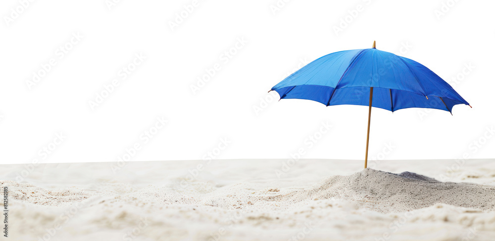 A blue parasol is stuck in the sand on the beach, transparent background and horizon