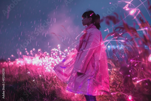 Wearing a VR headset, a person stands among tall grass lit by a network of pink glowing lights under a twilight sky