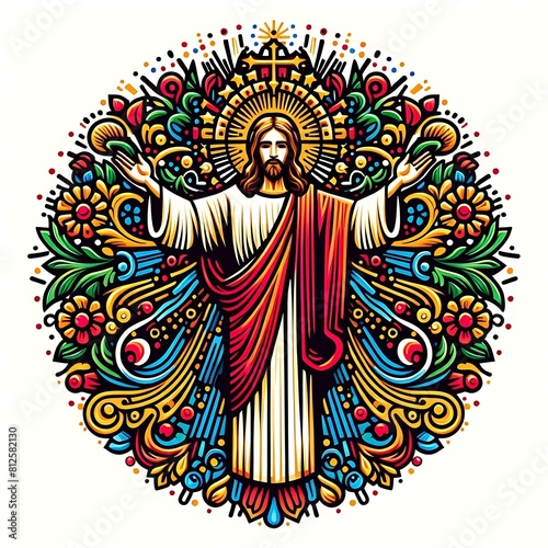 A colorful drawing of a jesus christ with his arms out image lively card design illustrator.