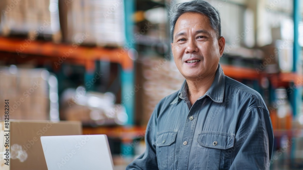 Asian man in warehouse smiling wearing blue shirt standing in front of boxes and shelves using laptop. Asian man in warehouse smiling wearing blue shirt standing in front of boxes and shelves using laptop.