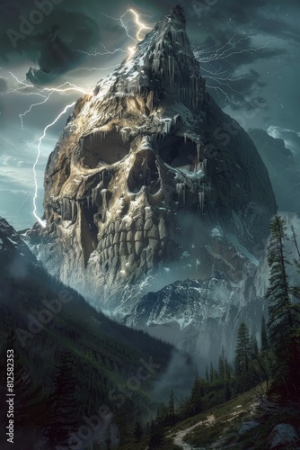 Mystical Mountain Shaped Like a Skull with Lightning 