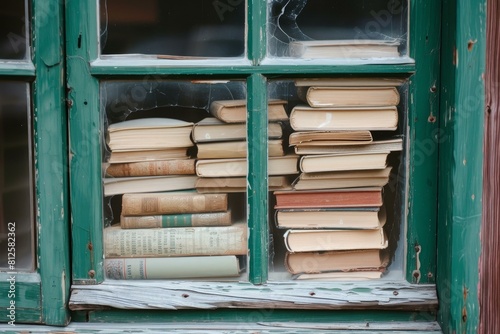 Collection of classic  aged books neatly stacked in a rustic green wooden window frame