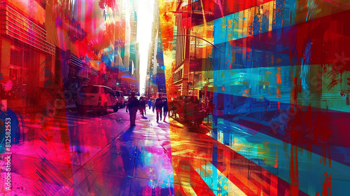 Artistic depiction of urban life with bright colors and a sense of movement  portraying the energy and vibrancy of a bustling city.