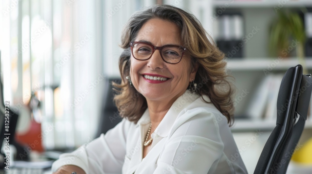 Smiling woman with glasses wearing white blouse and pearl necklace seated at desk in office with bookshelf and potted plant in background. Smiling woman with glasses wearing white blouse and pearl necklace seated at desk in office with bookshelf and potted plant in background.