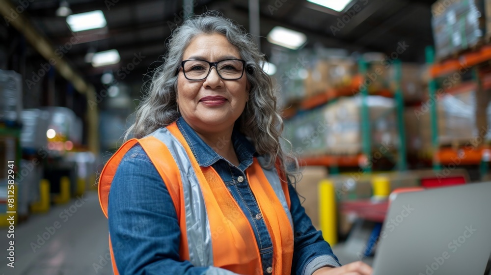 Woman in orange safety vest and glasses smiling at camera standing in warehouse with shelves of boxes in background. Woman in orange safety vest and glasses smiling at camera standing in warehouse with shelves of boxes in background.