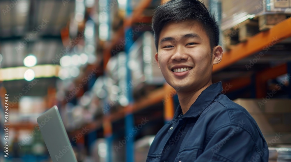 Young man in warehouse smiling holding laptop wearing blue jacket standing in front of metal shelving with various items.