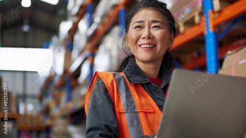 A smiling woman in an orange safety vest and gray jacket holding a laptop standing in a warehouse with shelves in the background.