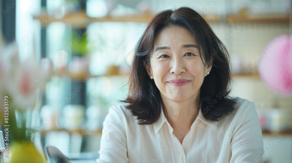 Smiling woman with dark hair wearing white blouse sitting in a cozy blurred caf? setting with pink flowers and warm lighting. Smiling woman with dark hair wearing white blouse sitting in a cozy blurred caf? setting with pink flowers and warm lighting.