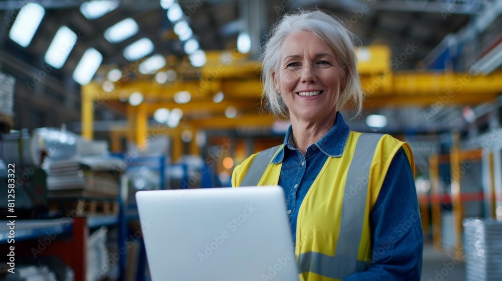 A smiling woman in a yellow safety vest and blue shirt, working on a laptop in a warehouse setting with industrial equipment in the background. A smiling woman in a yellow safety vest and blue shirt, working on a laptop in a warehouse setting with industrial equipment in the background.