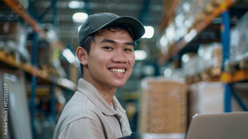 Smiling young man in cap warehouse worker standing in front of shelves with boxes laptop on table brightly lit industrial setting. © iuricazac