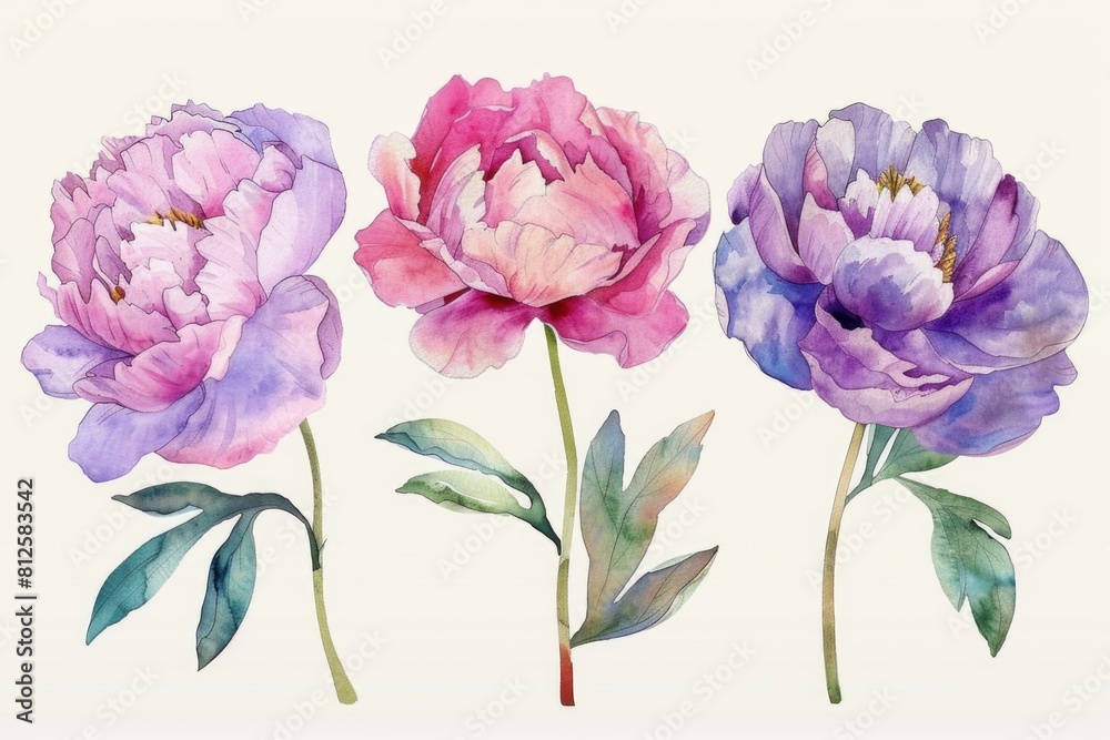 Beautiful watercolor peonies on a clean white background, perfect for various design projects Beautiful watercolor peonies on a clean white background, perfect for various design projects