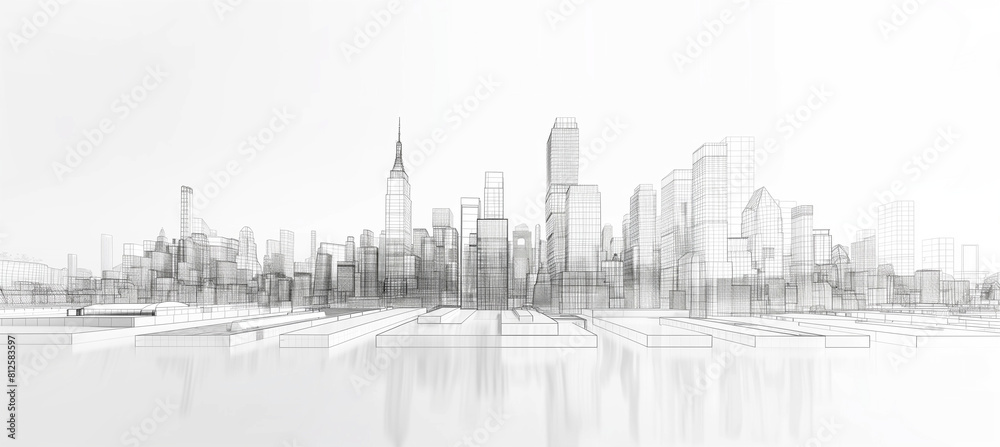 Conceptual architectural model of a modern city with towers in 3D style, presented as a black and white technical drawing, containing design data