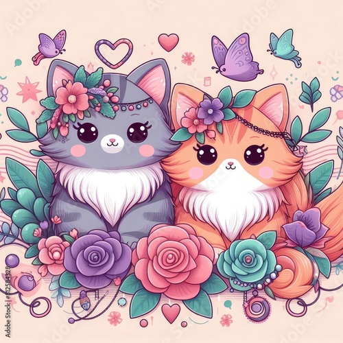 A couple of cats with flowers and butterflies image attractive harmony illustrator.