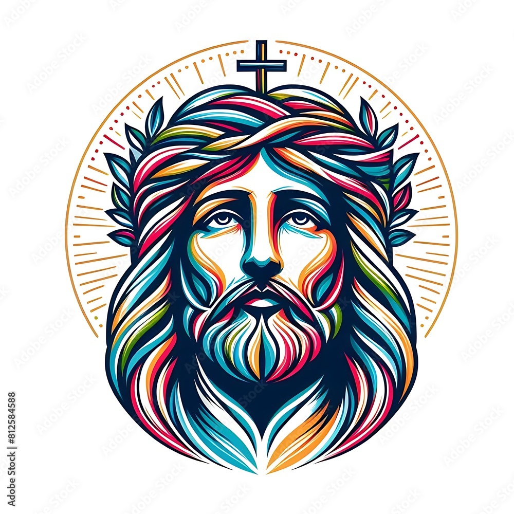 A colorful face of a jesus christ with a cross in his hair image attractive used for printing card design illustrator. A colorful face of a jesus christ with a cross in his hair image attractive used for printing card design illustrator.
