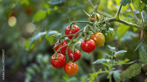 Juicy red tomatoes on a green branch. Ripe vegetables.