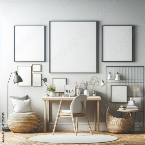 A Room with a template mockup poster empty white and with a desk and a chair image art realistic harmony. © Colon