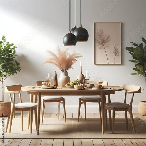 A dining table with chairs and a plant image art photo lively illustrator.