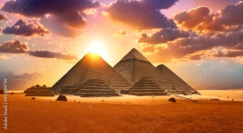 Landscape with ancient Egyptian pyramids beautiful sky and sunset The concept of ancient history photo