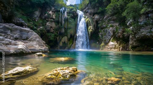 Summer adventure  Waterfall cascading into crystal-clear pool.