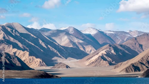 Crystal clear waters of Pangong Lake in timelapse with mountains of the Himalayas