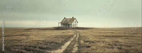 An old home in the rural area. Empty field in autumn time.