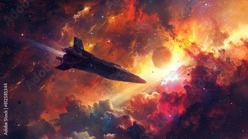 Sketch a starships descent into a planet s orbit within a remote galaxy, its silhouette framed against a colorful nebula