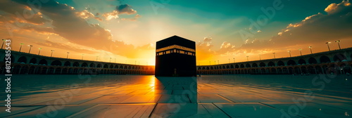 A silhouette of the Kaaba, the sacred structure in Mecca towards which Muslims pray.