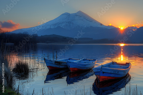 Tranquil lake scene at sunset with rowboats moor  Mt Fuji and Lake Yamanaka 