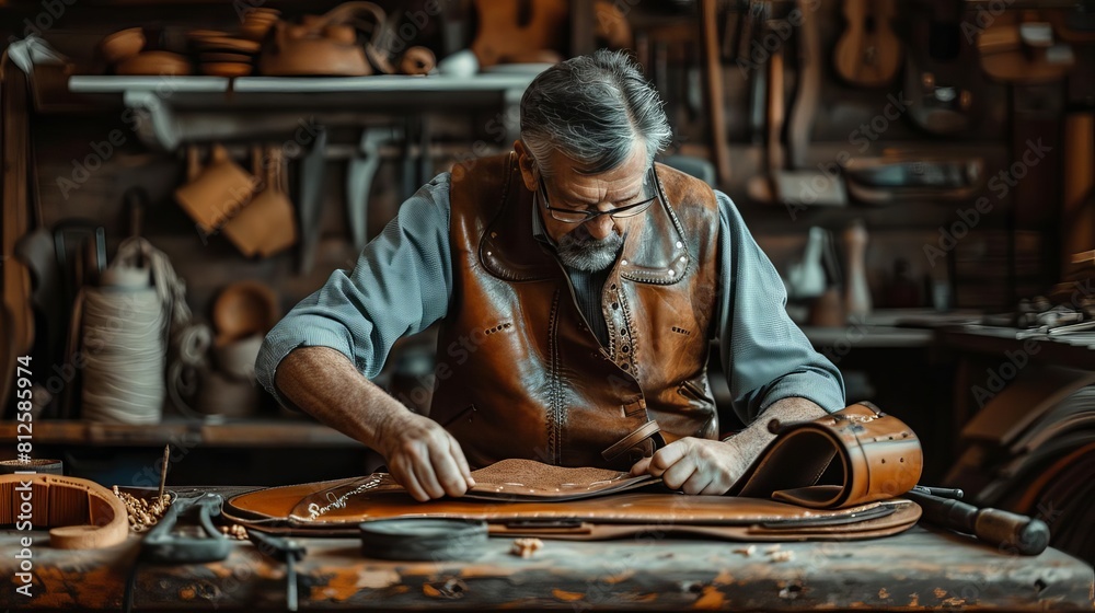 Visualize a craftsman handstitching a custom leather saddle in a rustic workshop, surrounded by tools and leather pieces