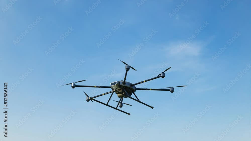 Drone with spinning propellers fly in blue sky 4k footage Drone with spinning propellers fly in blue sky 4k footage