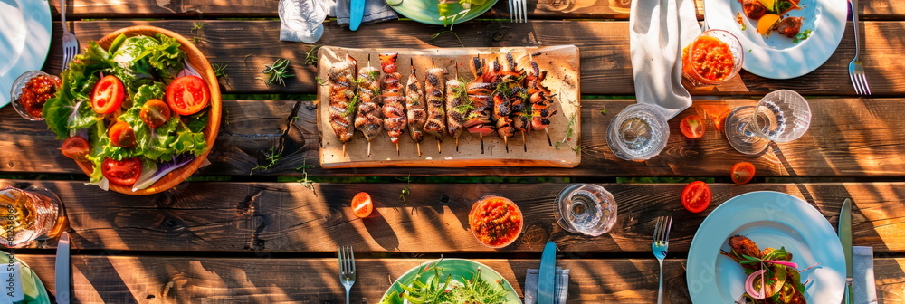 Delicious summer BBQ spread, grilled meats, fresh salads, outdoor table setting, mouthwatering food